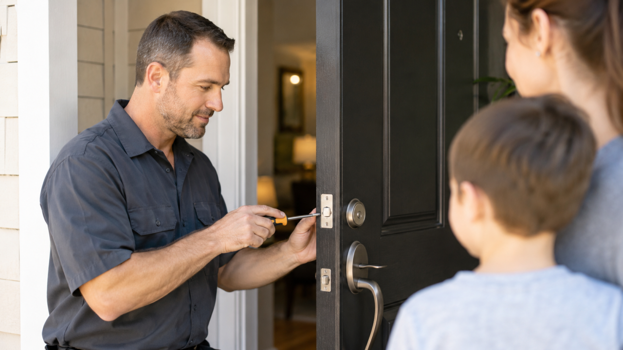 B2ap3 Large Residential Locksmith Inspecting A Home Deadbolt In Killeen TX